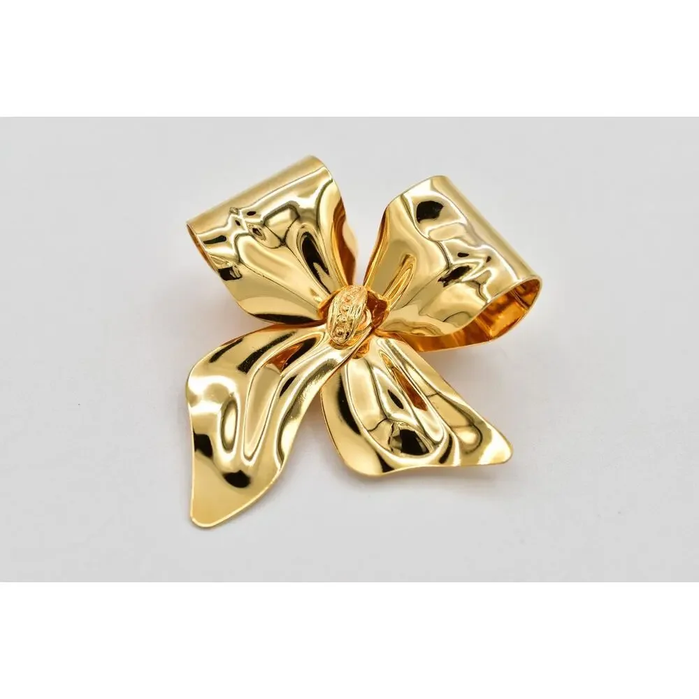 Vintage Chunky Gold Bow Brooch Pin Large Sculptural Ribbon Statement NOS BinA18